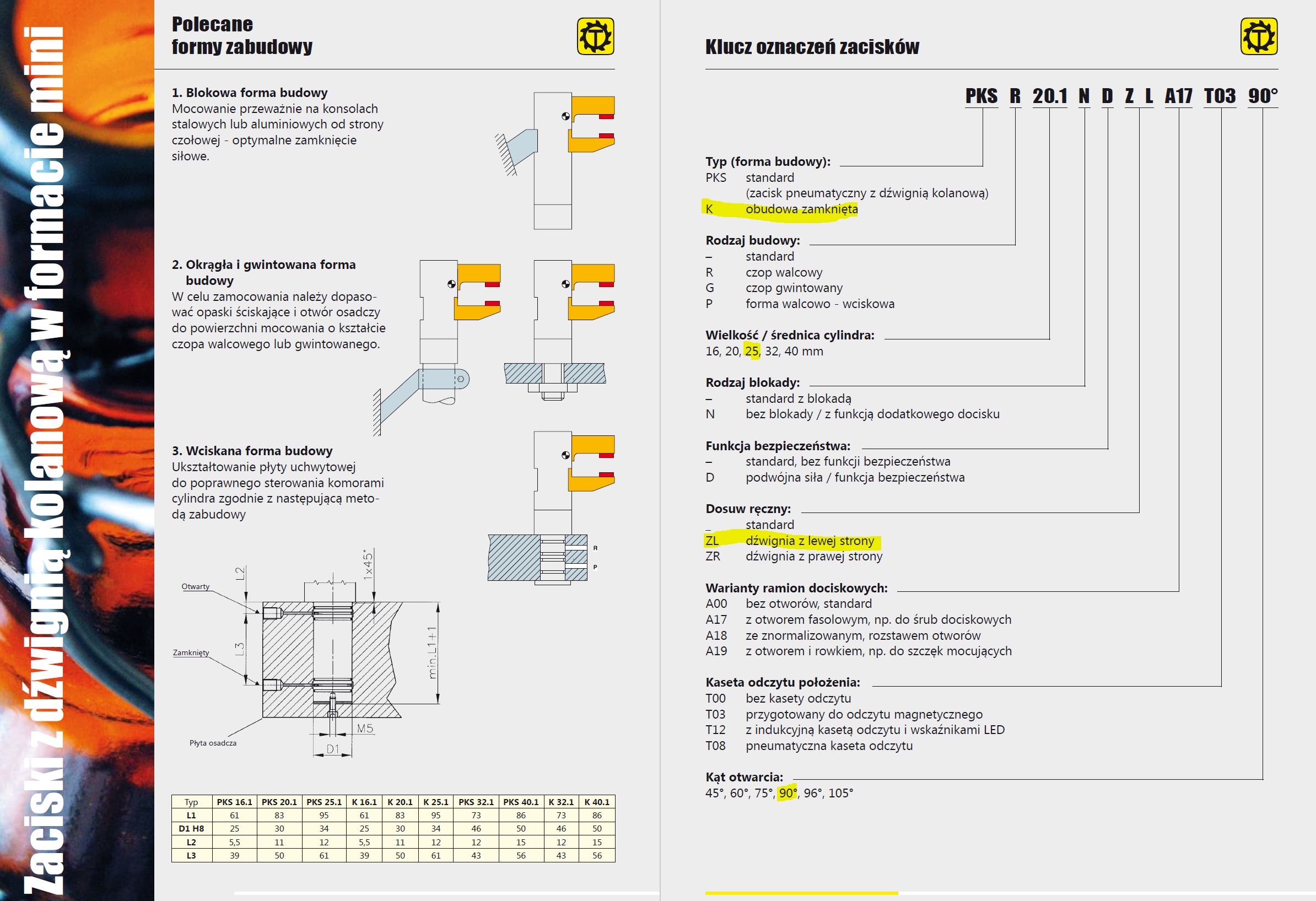 Klucz Oznaczeń zacisku mini K 25.1 ZL A18 T23 o kącie otwarcia 90 stopni